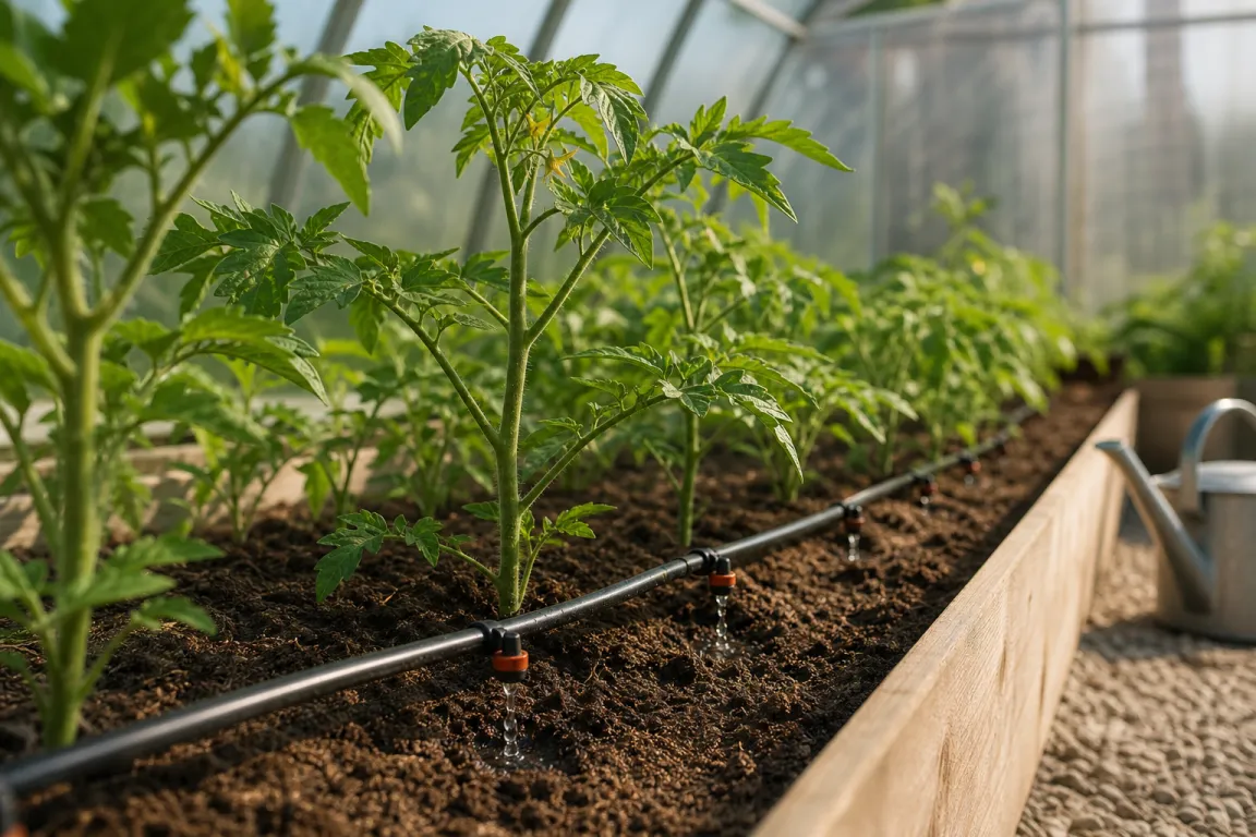 Droppbevattningssystem vattnar tomatplantor i ett växthus