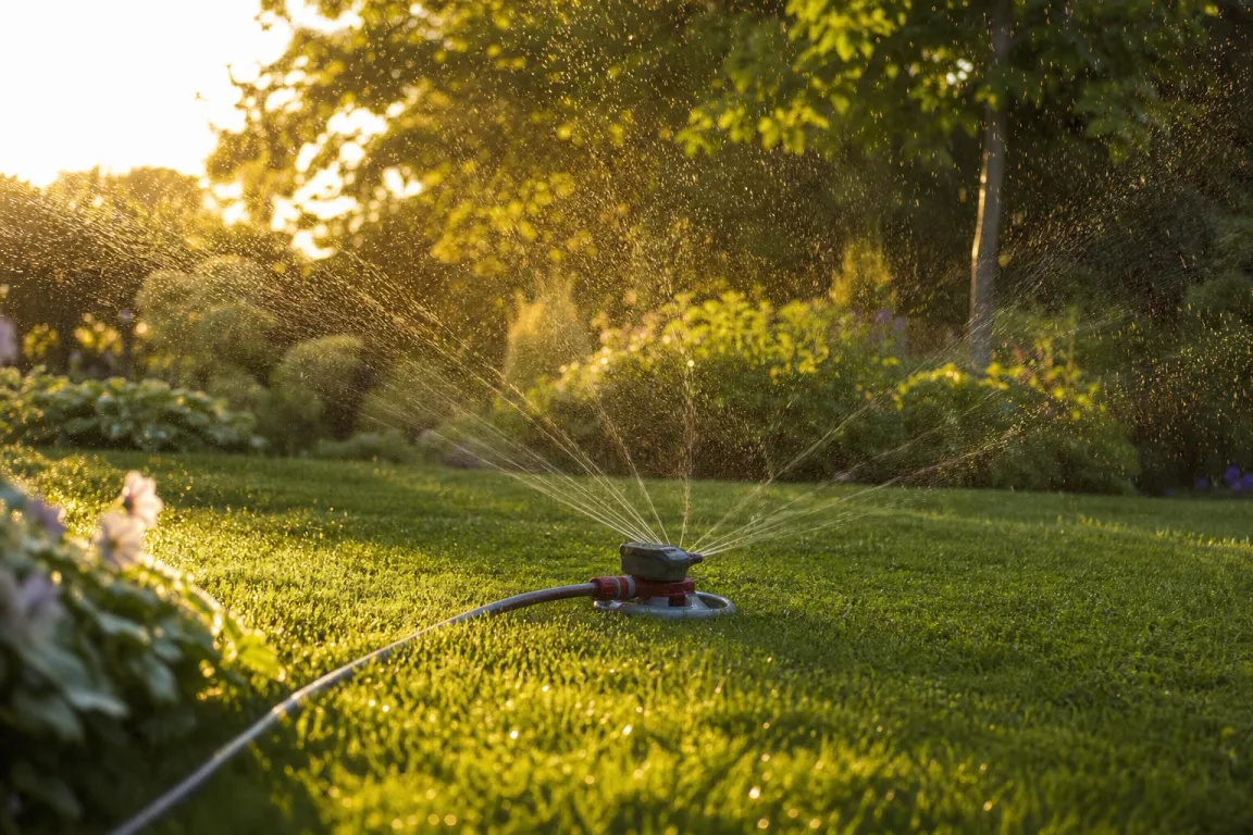 Roterande vattenspridare vattnar en gräsmatta i kvällsljus