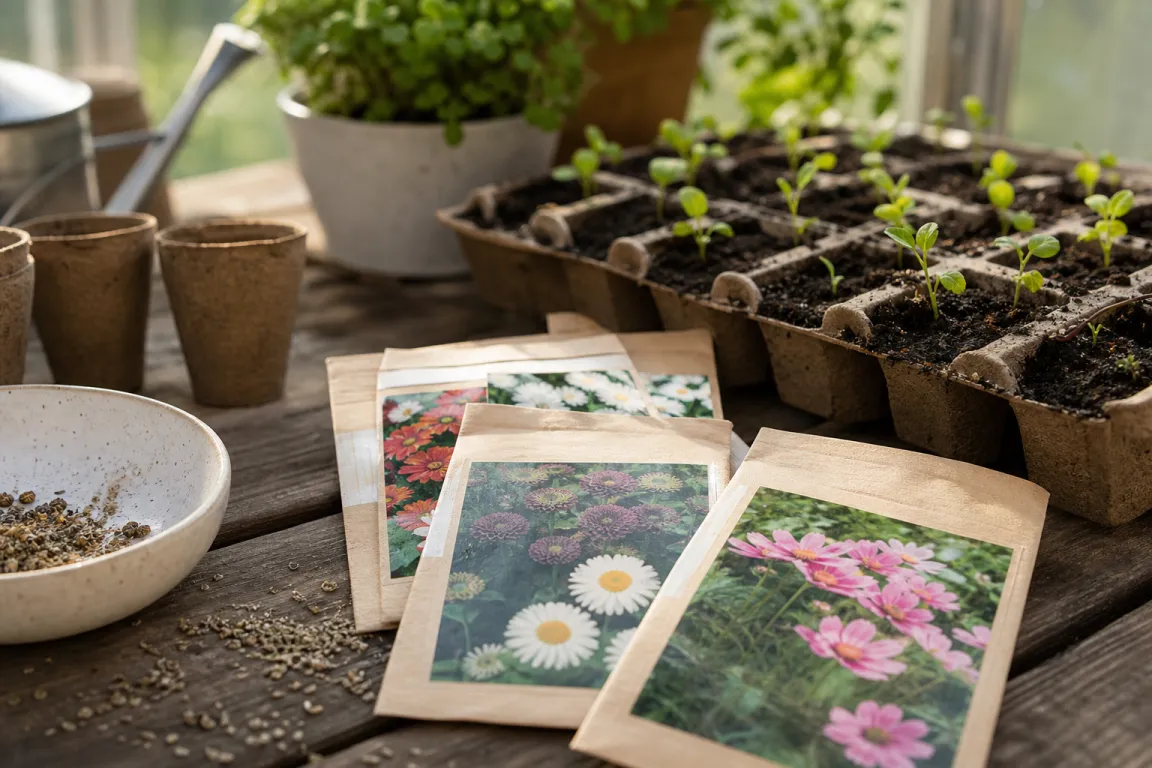 Fröpåsar och små plantskott av blomsterfrön redo för sådd