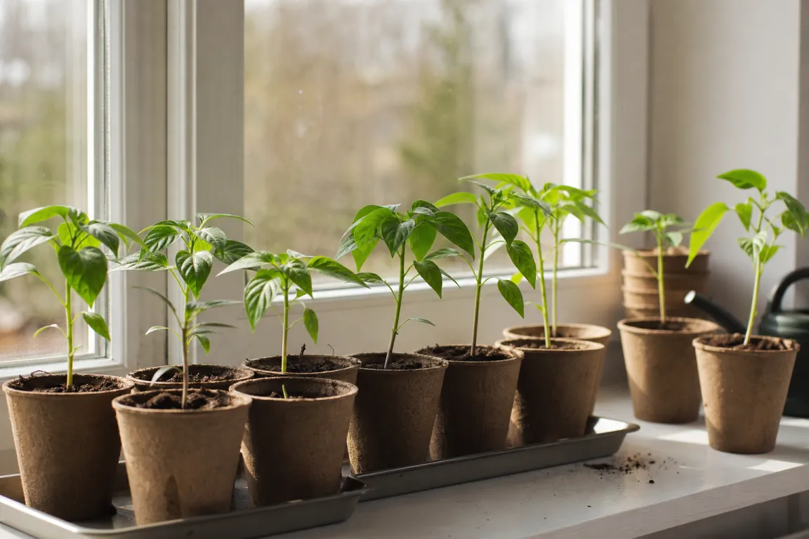 Chiliplantor i krukor på en ljus fönsterbräda under tidig odling