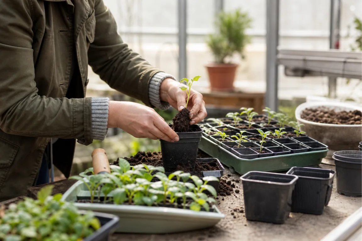 Småplantor pikeras för hand till egna krukor med ny jord