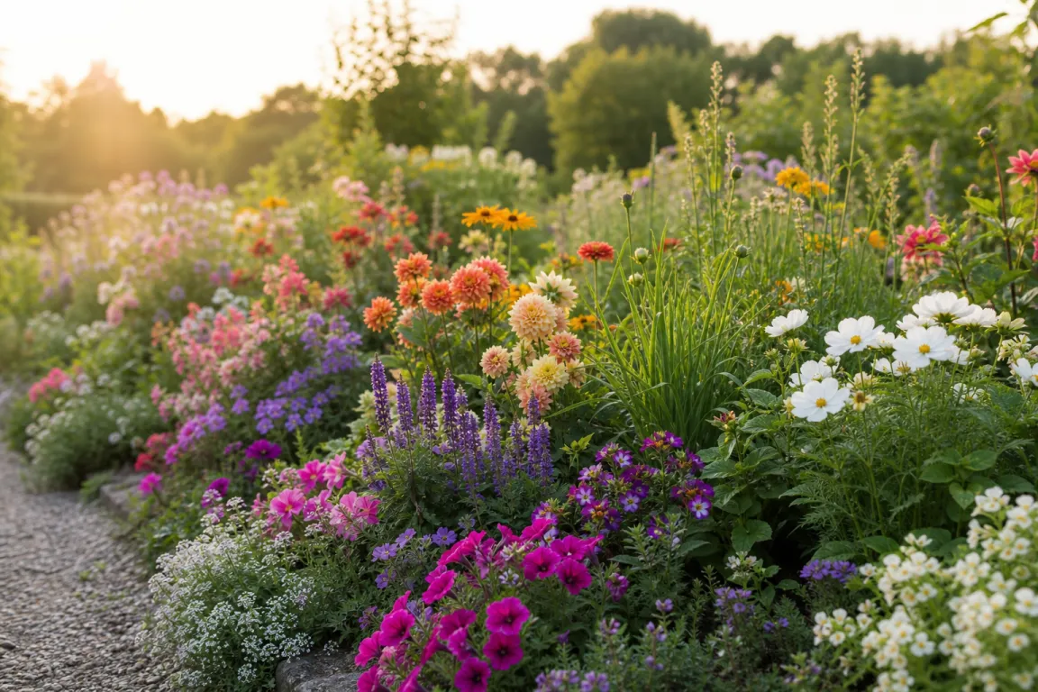 Rabatt full av blommande ettåriga sommarblommor i olika färger
