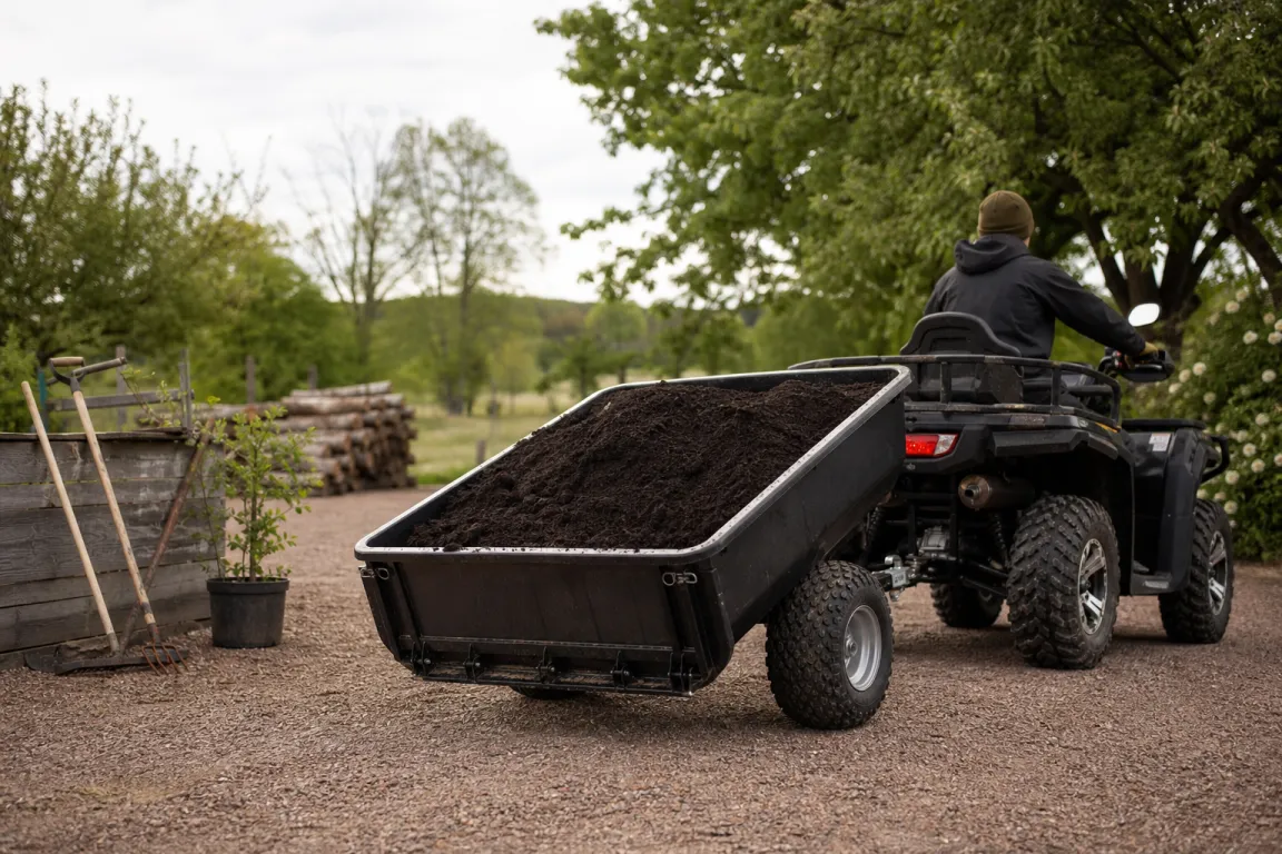 Tippbar ATV-vagn kopplad bakom en fyrhjuling lastad med jord på gårdsplanen