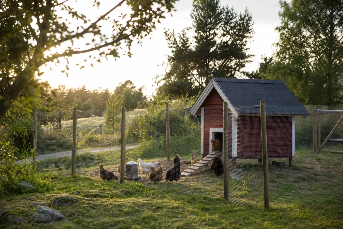 Isolerat hönshus med rovdjurssäkrat nätstängsel i en villaträdgård