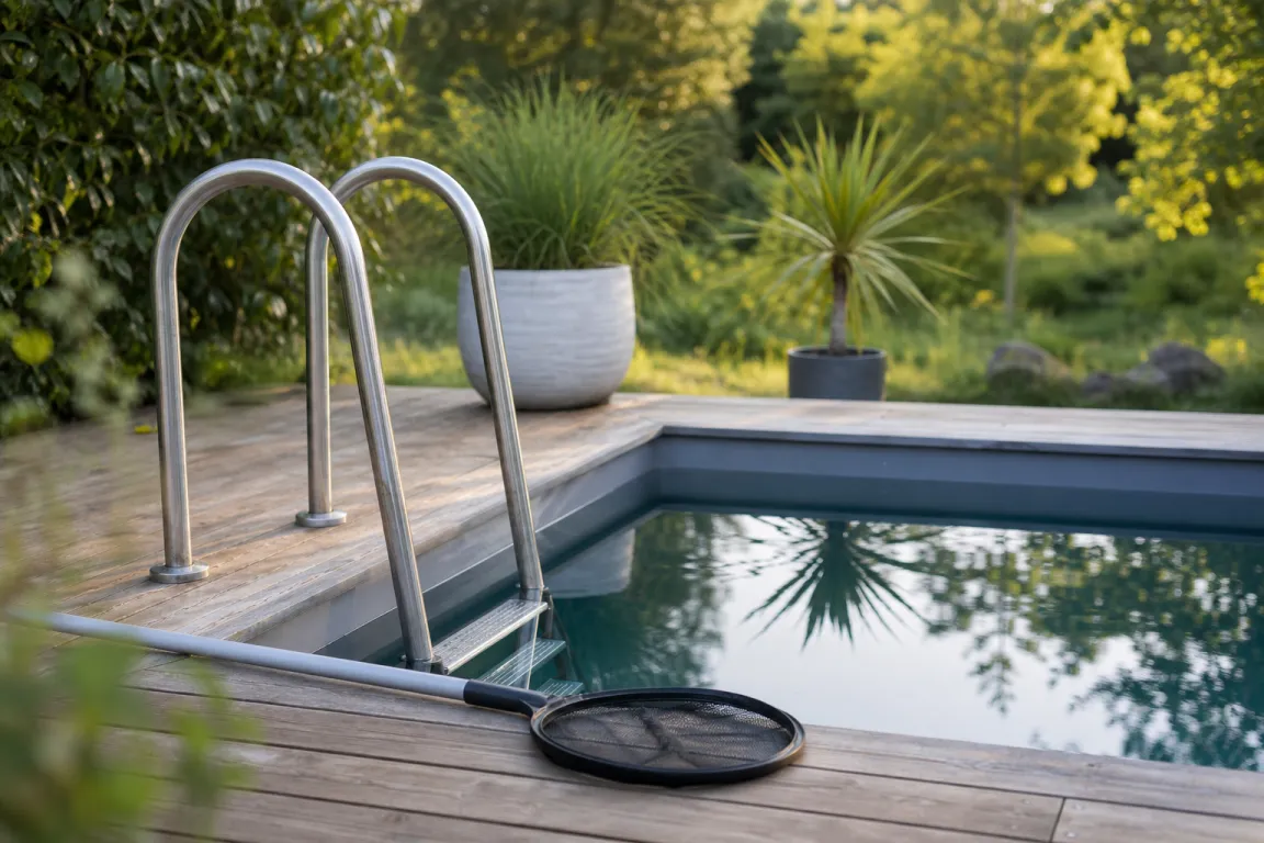 Poolstege och håv vid kanten av en mindre uteplatspool