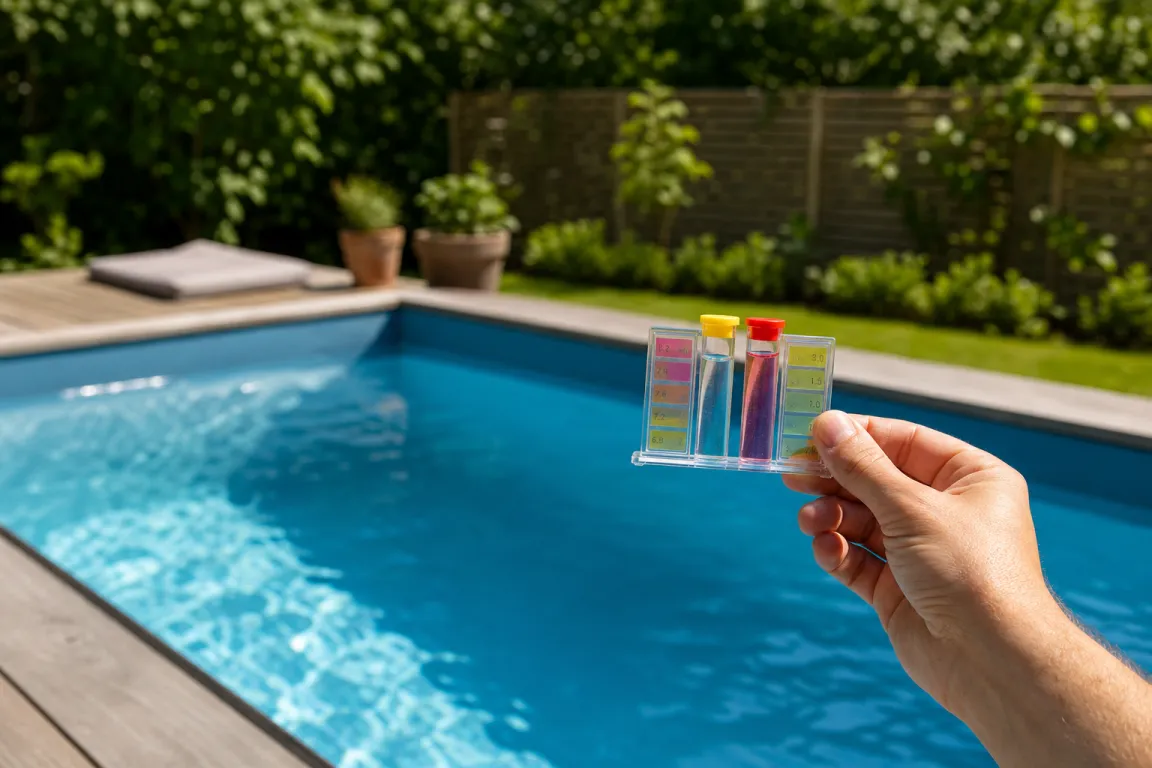 Testkit för poolvatten hålls upp bredvid en mindre uteplatspool