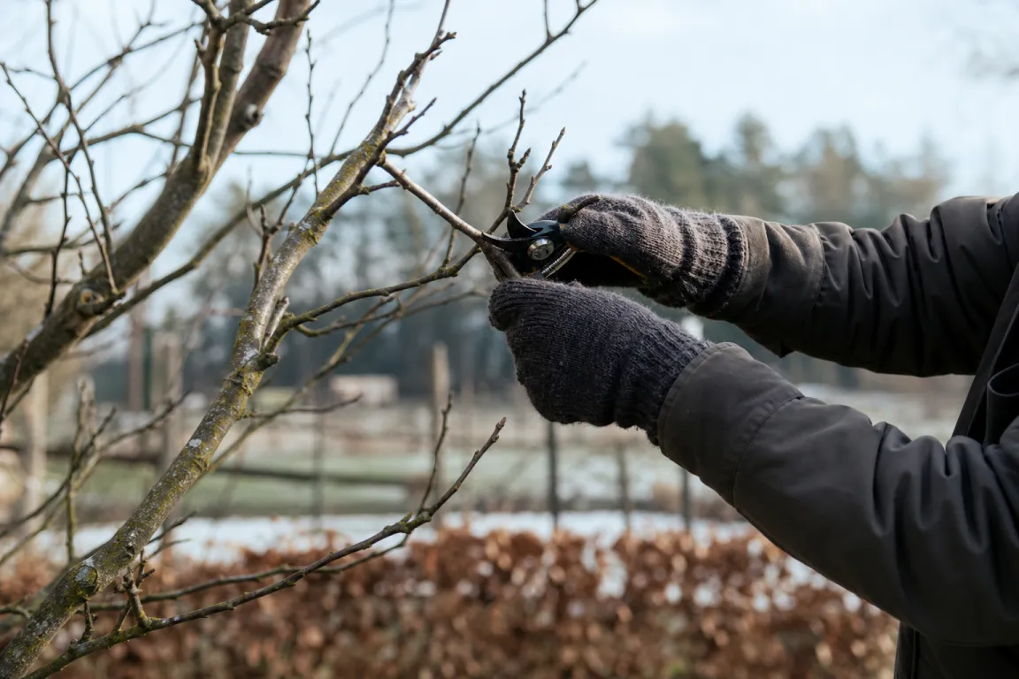 Trädgårdsägare beskär en fruktträdsgren med sekatör under vinterhalvåret