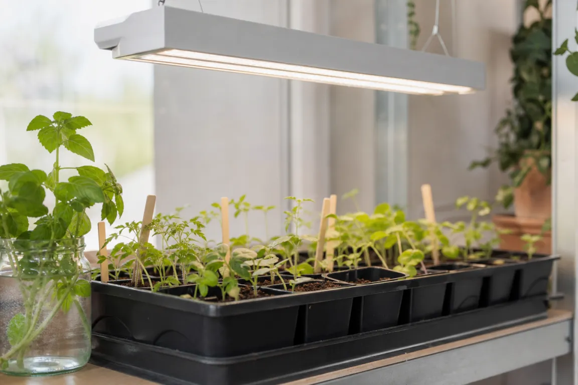 LED-odlingslampa som lyser över småplantor i förkultiveringsbrickor inomhus