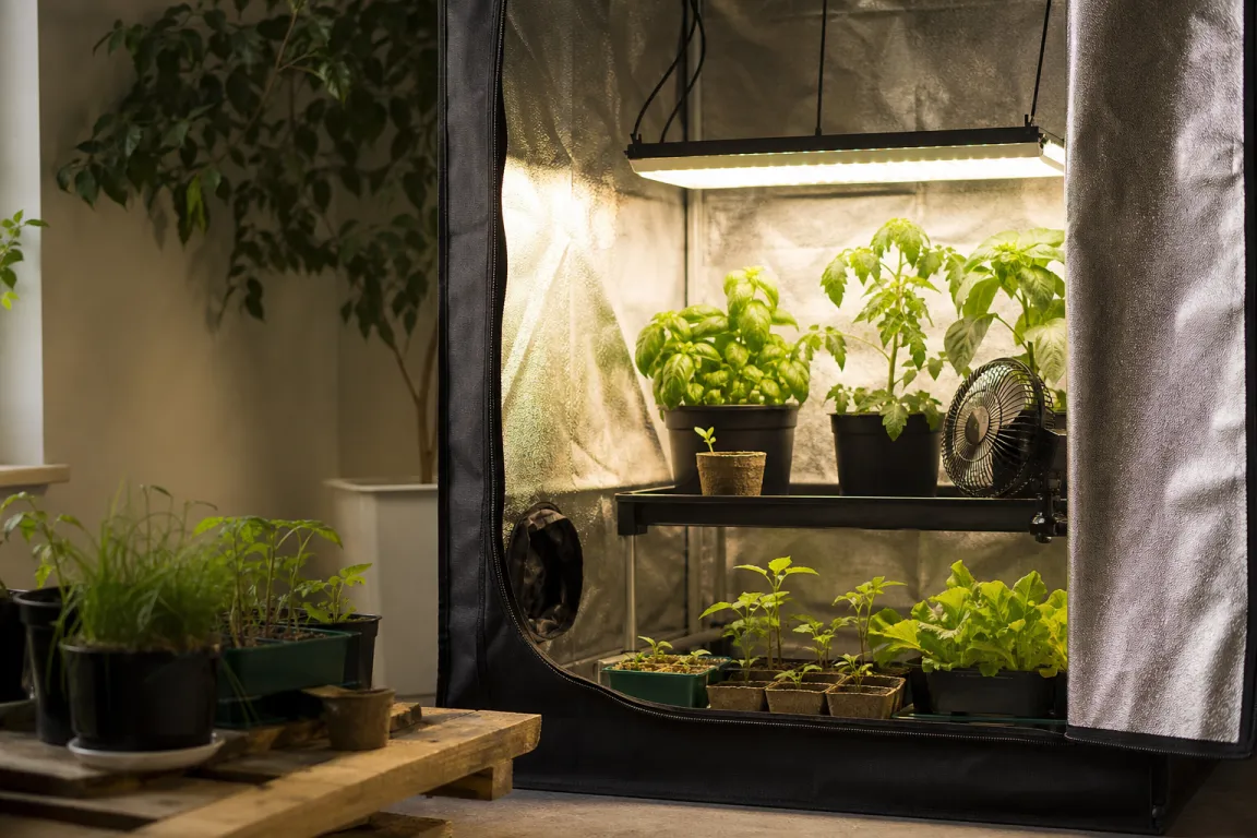 Öppet odlingstält med reflekterande insida, odlingslampa och plantor i krukor