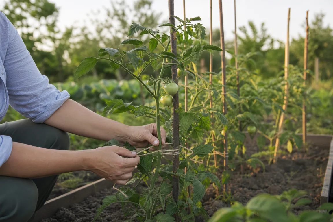 Tomatplantor uppbundna med spjälor och mjukt bindmaterial i en köksträdgård