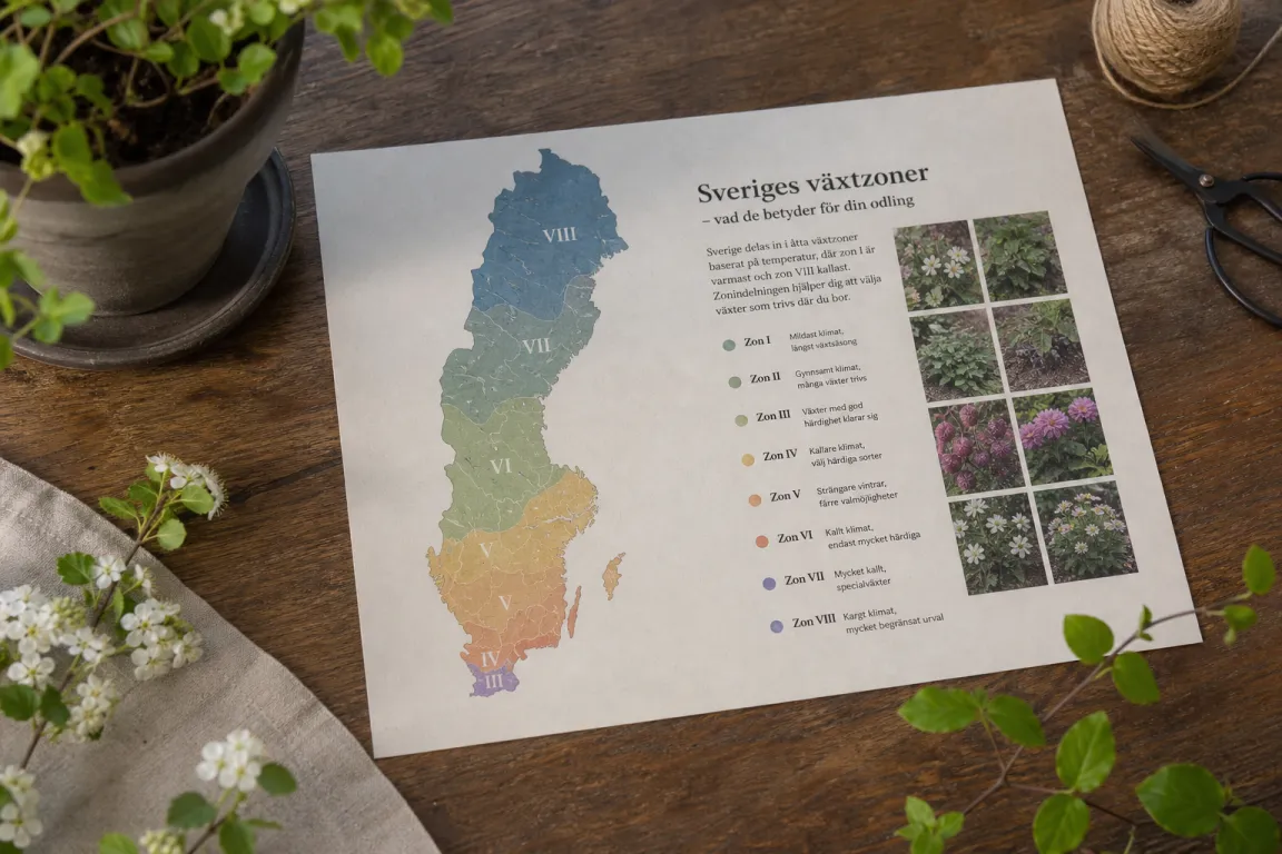Karta över Sverige med zonindelning och exempel på vinterhärdiga trädgårdsväxter