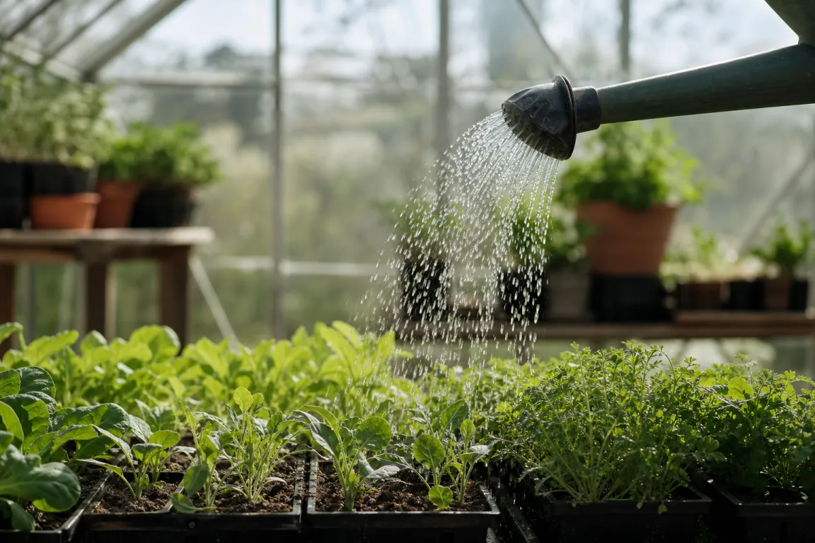 Vattenkanna med stril vattnar unga plantor i ett växthus