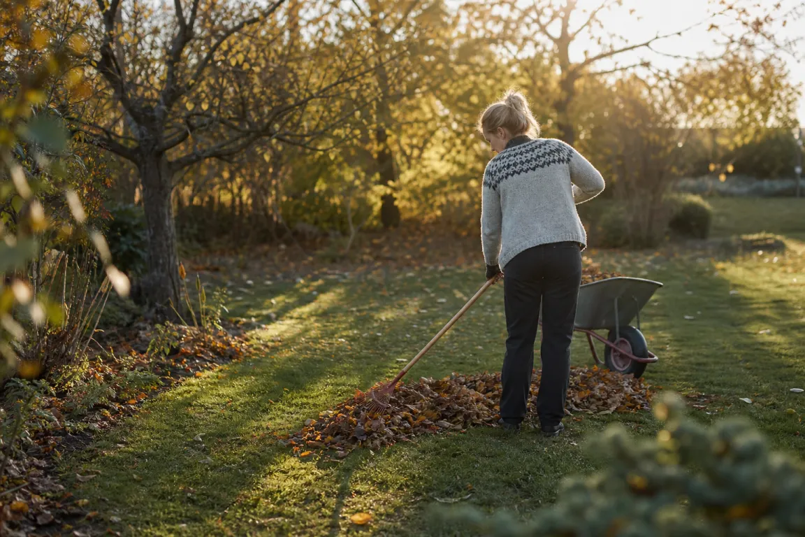 Trädgårdsägare krattar höstlöv på en gräsmatta i lågt oktoberljus